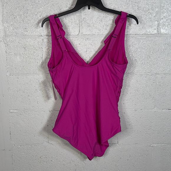 DKNY Ruffle Plunge Underwire Tummy Control One-Piece Swimsuit PINK XXL - Picture 5 of 12